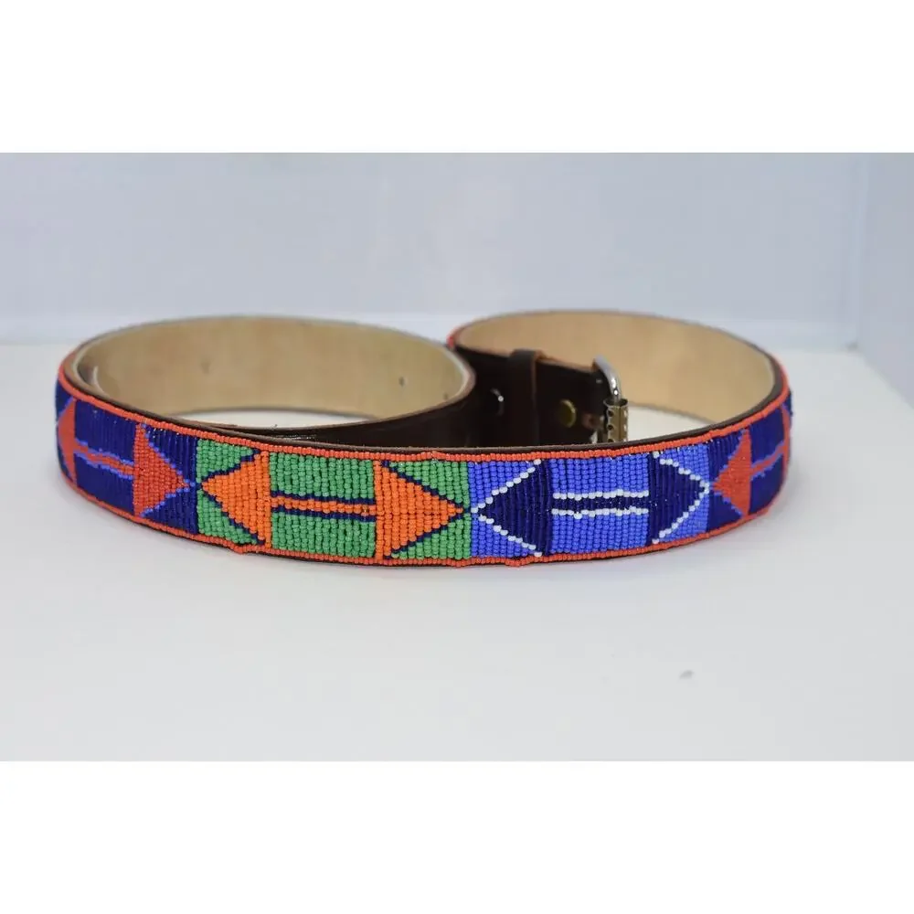 UNISEX BoHo Hand Beaded Maasai Leather Belt with Silver Tone Buckle 34-40